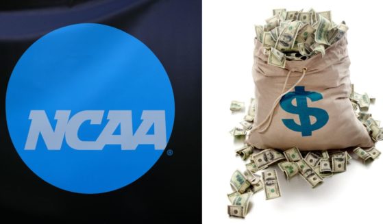 A composite image of the NCAA logo beside a large sack full of American dollars.