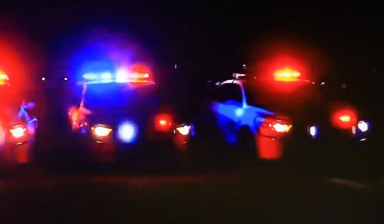 Stock photo of multiple police cars with active lights.