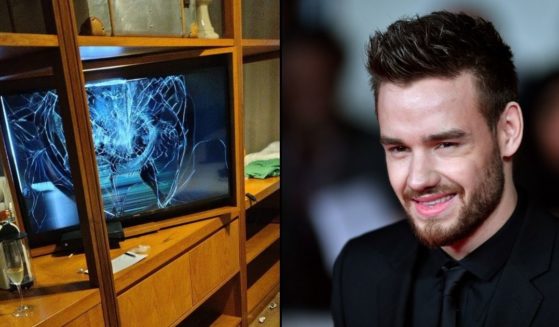 Composite image of a smashed television in an Argentinian hotel room and Liam Payne.