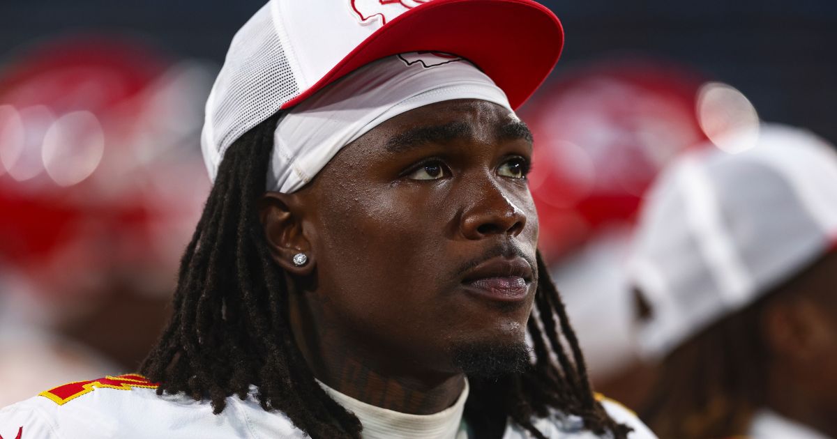 Rashee Rice of the Kansas City Chiefs stands on the sidelines during an NFL preseason football game against the Jacksonville Jaguars in Jacksonville, Florida, on Aug. 10.