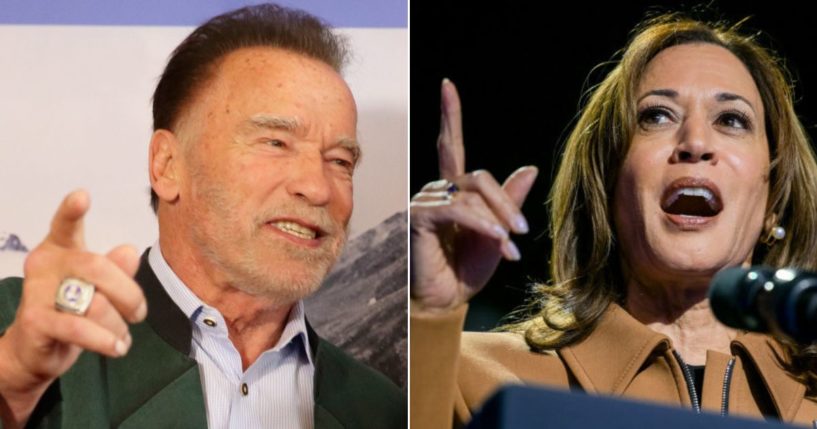 Actor and former California Gov. Arnold Schwarzenegger, left, posted a lengthy presidential endorsement that mostly talked about himself.