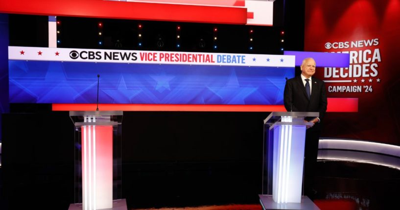 Democratic vice presidential candidate and Minnesota Gov. Tim Walz waits for the start of the vice presidential debate in New York City on Tuesday.