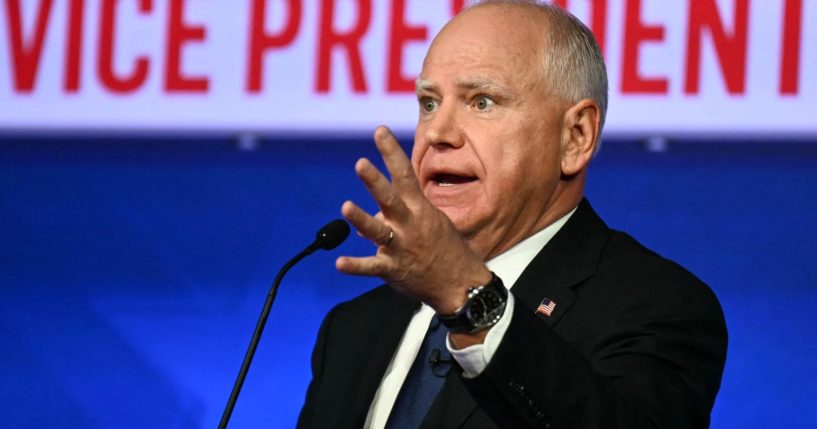 Gov. Tim Walz speaks during the vice presidential debate against Sen. J.D. Vance in New York City on Tuesday.