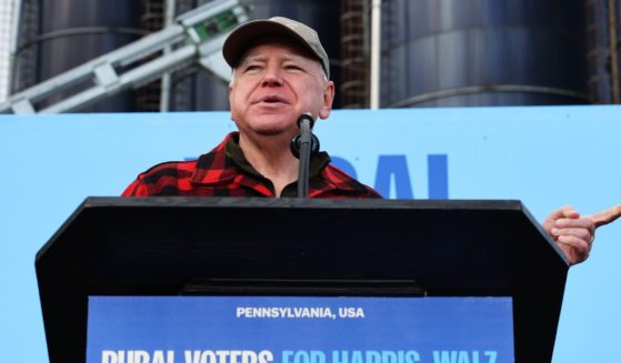 Gov. Tim Walz speaks during a campaign rally at Telesz Farms in Volant, Pennsylvania, on Tuesday. (