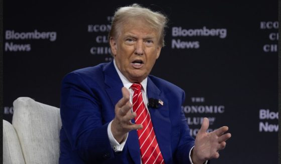 Republican presidential nominee former President Donald Trump Is interviewed by Bloomberg News Editor-in-Chief John Micklethwait during a luncheon hosted by the Economic Club of Chicago Tuesday in Chicago, Illinois.