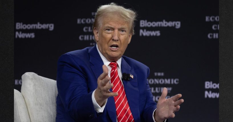 Republican presidential nominee former President Donald Trump Is interviewed by Bloomberg News Editor-in-Chief John Micklethwait during a luncheon hosted by the Economic Club of Chicago Tuesday in Chicago, Illinois.