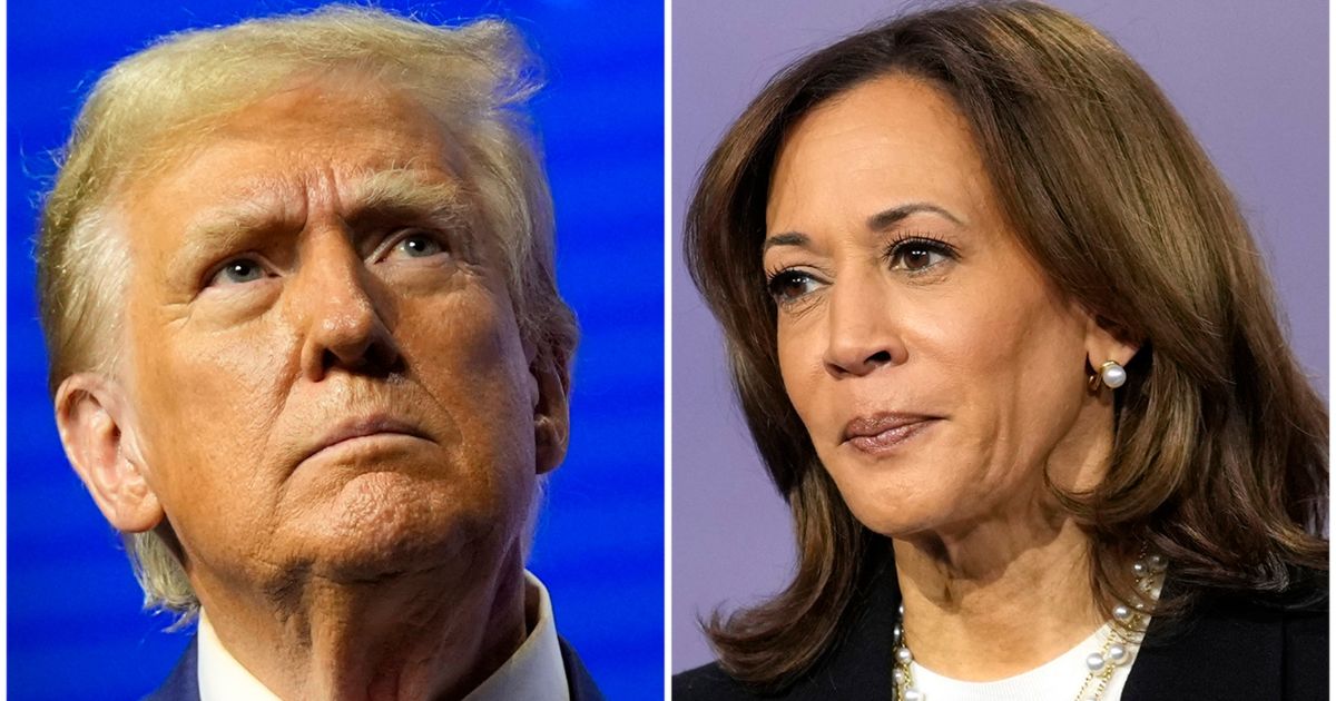 On Sunday, ABC News affiliate WNEP-TV in Scranton, Pennsylvania, "mistakenly" aired election results between former President Donald Trump, left, and Vice President Kamala Harris, right, while performing a station test.