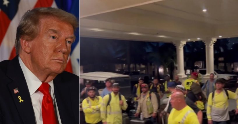 President Donald Trump, left, stepped up and offered rooms to 275 electrical linemen, right, at the Trump National Doral Miami resort ahead of Hurricane Milton.