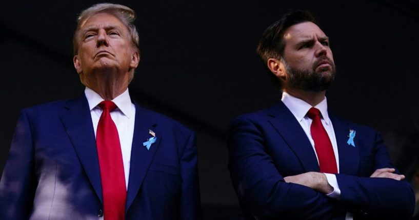 Former President Donald Trump, left, and Sen. J.D. Vance, right, attend a remembrance ceremony on the 23rd anniversary of the September 11 terror attack on the World Trade Center in New York City on Sept. 11.