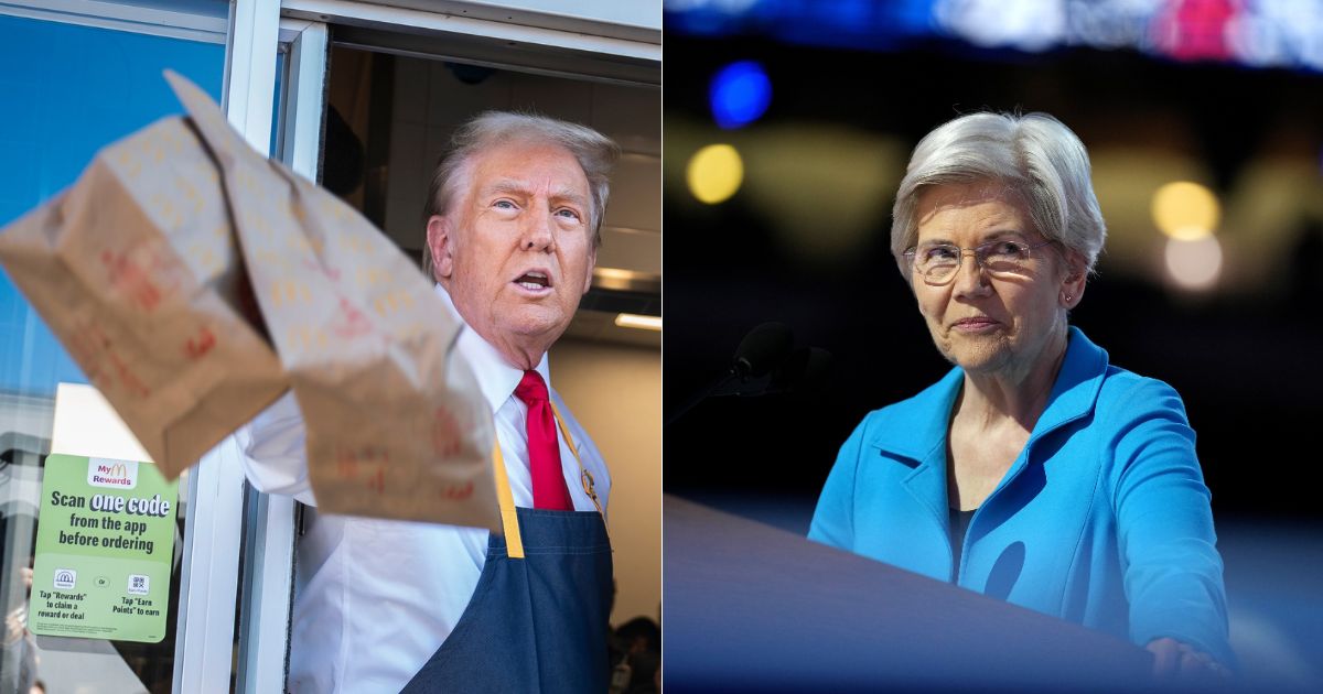 Sen. Elizabeth Warren, right, and two other Democratic senators wrote a letter admonishing McDonald's for its prices on Monday - just one day after former President Donald Trump, left, stopped by to work at a McDonald's in Pennsylvania while on the campaign trail.