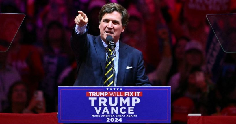 Tucker Carlson speaks during a campaign rally for former President Donald Trump at Madison Square Garden in New York City on Sunday.