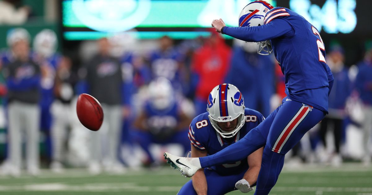 Buffalo Bills kicker Tyler Bass, right, kicks a field goal in the fourth quarter against the New York Jets in East Rutherford, New Jersey, on Monday.