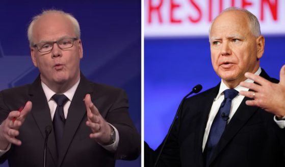 On the left is a YouTube screen shot from Saturday Night Live, showing comedian Jim Gaffigan portraying Democratic vice presidential nominee Tim Walz. On the right is actually Tim Walz as he speaks during a debate at the CBS Broadcast Center on October 1, 2024 in New York City.