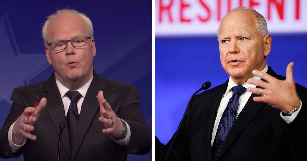 On the left is a YouTube screen shot from Saturday Night Live, showing comedian Jim Gaffigan portraying Democratic vice presidential nominee Tim Walz. On the right is actually Tim Walz as he speaks during a debate at the CBS Broadcast Center on October 1, 2024 in New York City.