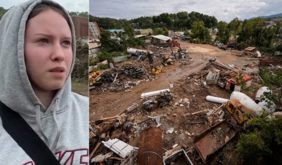 After Asheville, North Carolina, right, was ravaged by Hurricane Helene, military veteran Destiny Garcia, left, found an American flag in the rubble. (@accuweather / X screen