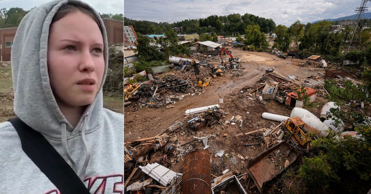 After Asheville, North Carolina, right, was ravaged by Hurricane Helene, military veteran Destiny Garcia, left, found an American flag in the rubble. (@accuweather / X screen