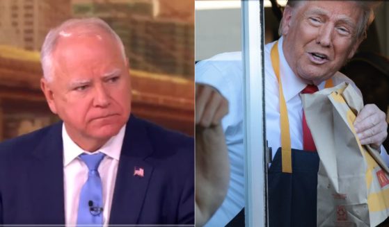 During "The View" on Monday, Gov. Tim Walz, left, took time to complain about former President Donald Trump, right, serving French fries at a McDonald's in Feasterville-Trevose, Pennsylvania, on Sunday.