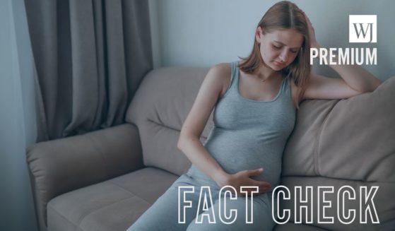 This stock image shows a young pregnant woman sitting on a sofa.