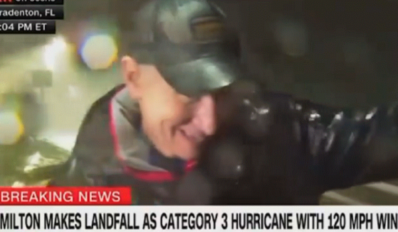 CNN's Anderson Cooper does a live broadcast in the teeth of Hurricane Milton on Wednesday night in Bradenton, Florida. (@TVNewsNow / X screen shot)