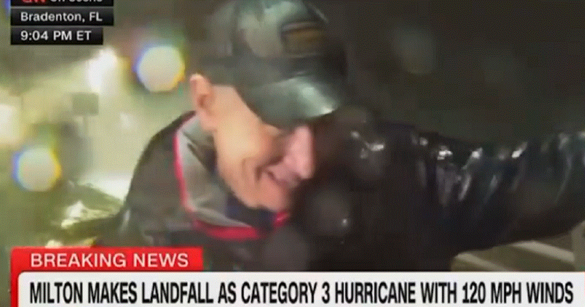 CNN's Anderson Cooper does a live broadcast in the teeth of Hurricane Milton on Wednesday night in Bradenton, Florida. (@TVNewsNow / X screen shot)