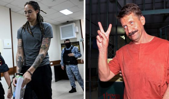 (L) US Women National Basketball Association's (WNBA) basketball player Brittney Griner, who was detained at Moscow's Sheremetyevo airport and later charged with illegal possession of cannabis, leaves the courtroom before the court's final decision in Khimki outside Moscow, on August 4, 2022. (R) Russian alleged arms dealer Viktor Bout shows a victory sign after his verdict at the Criminal Court in Bangkok on August 11, 2009.