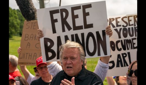 Steve Bannon, the former Donald Trump White House strategist, addresses the media at the Federal Correctional Institution Danbury where he is expected to begin his four-month sentence on July 1, 2024 in Danbury, Connecticut.