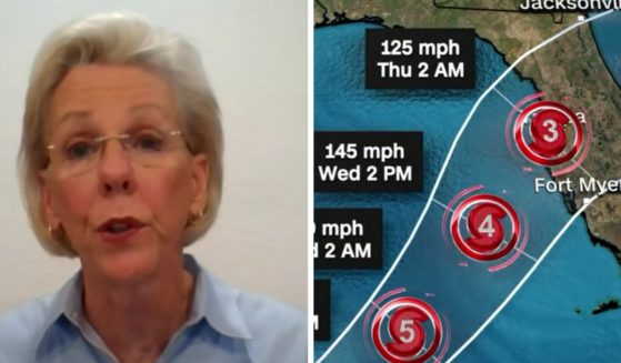 These YouTube screen shots show (L) Tampa mayor Jane Castor during a CNN interview, and (R) a graphic showing the destructive path of Hurricane Milton.