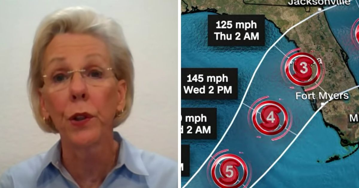 These YouTube screen shots show (L) Tampa mayor Jane Castor during a CNN interview, and (R) a graphic showing the destructive path of Hurricane Milton.