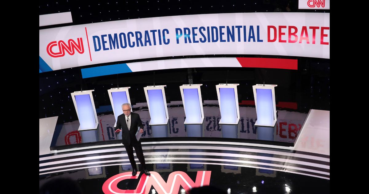 CNN anchor Wolf Blitzer speaks to the audience ahead of the Democratic presidential primary debate at Drake University on January 14, 2020 in Des Moines, Iowa.