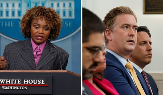 (L) White House Press Secretary Karine Jean-Pierre holds the daily press briefing at the White House on October 7, 2024 in Washington, DC. (R) FOX News correspondent Peter Doocy (C) goes back and forth with Press Secretary Karine Jean-Pierre about the use of the word "dangerous" when talking about former President Donald Trump during the daily press conference at the White House on September 17, 2024 in Washington, DC.