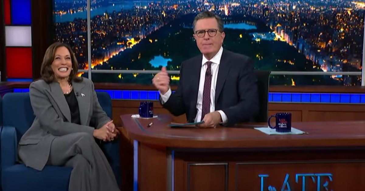 This YouTube screen shot shows Vice President Kamala Harris -- the topper of the Democratic presidential ticket -- speaking to Stephen Colbert during an Oct. 8 appearance.