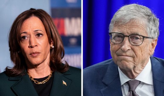 (L) Bill Gates attends the Clinton Global Initiative 2024 Annual Meeting at New York Hilton Midtown on September 24, 2024 in New York City. (R) Democratic presidential nominee, Vice President Kamala Harris, answers questions from the press before a town hall at the Royal Oak Music Theatre on October 21, 2024 in Royal Oak, Michigan.