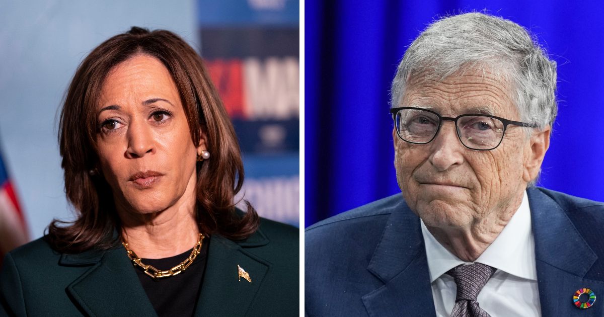 (L) Bill Gates attends the Clinton Global Initiative 2024 Annual Meeting at New York Hilton Midtown on September 24, 2024 in New York City. (R) Democratic presidential nominee, Vice President Kamala Harris, answers questions from the press before a town hall at the Royal Oak Music Theatre on October 21, 2024 in Royal Oak, Michigan.