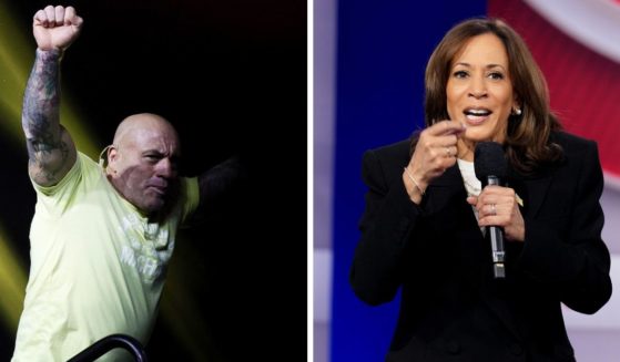 (L) Joe Rogan MC's during the UFC 300 ceremonial weigh-in at MGM Grand Garden Arena on April 12, 2024 in Las Vegas, Nevada. (R) Democratic presidential nominee, U.S. Vice President Kamala Harris speaks during a CNN Presidential Town Hall at Sun Center Studios on October 23, 2024 in Aston, Pennsylvania.