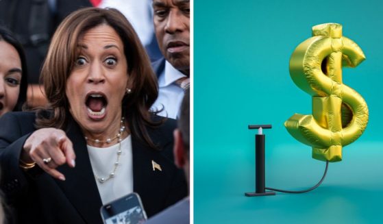 (L) Vice President and Democratic Presidential nominee Kamala Harris greets supporters during a rally at Ripon College on October 3, 2024 in Ripon, Wisconsin. (R) This Getty stock image shows a balloon dollar sign being inflated.