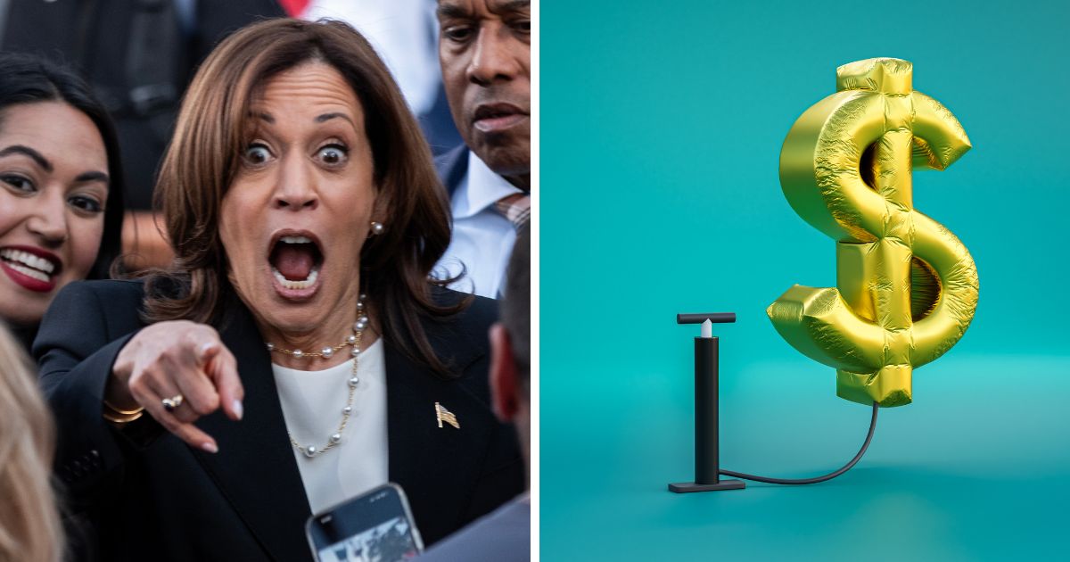 (L) Vice President and Democratic Presidential nominee Kamala Harris greets supporters during a rally at Ripon College on October 3, 2024 in Ripon, Wisconsin. (R) This Getty stock image shows a balloon dollar sign being inflated.