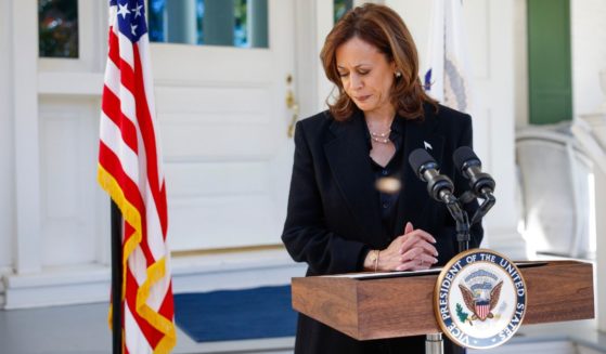 Democratic presidential nominee, U.S. Vice President Kamala Harris pauses while delivering remarks before departing the vice president’s residence on October 23, 2024 in Washington, DC.