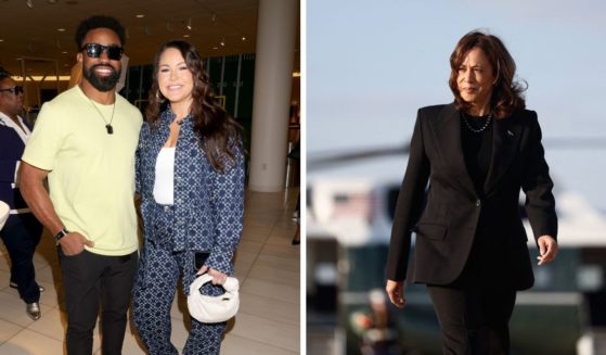 (L) Raheem Mostert and Devon Mostert attend Women of the NFL and Nordstrom Host Super Bowl Happy Hour in Las Vegas on February 10, 2024 in Las Vegas, Nevada. (R) US Democratic presidential nominee and Vice President Kamala Harris walks to board Air Force Two as she departs for New York at Joint Base Andrews, Maryland, on October 7, 2024.