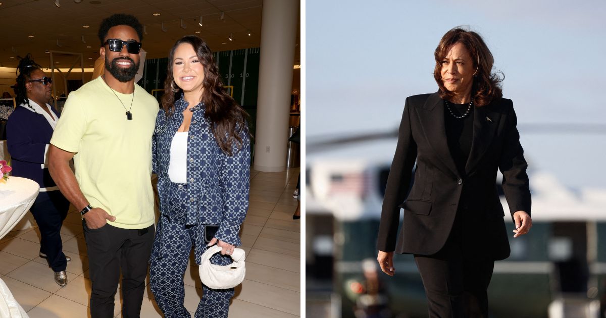 (L) Raheem Mostert and Devon Mostert attend Women of the NFL and Nordstrom Host Super Bowl Happy Hour in Las Vegas on February 10, 2024 in Las Vegas, Nevada. (R) US Democratic presidential nominee and Vice President Kamala Harris walks to board Air Force Two as she departs for New York at Joint Base Andrews, Maryland, on October 7, 2024.