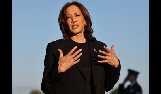 Democratic presidential nominee, Vice President Kamala Harris speaks to the media before boarding Air Force Two after assessing the Hurricane Helene recovery response in North Carolina on October 5, 2024 in Charlotte, North Carolina.