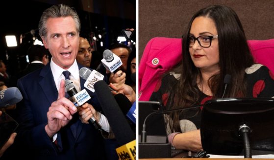 (L) California Governor Gavin Newsom talks to journalists in the media center at the Pennsylvania Convention Center before the first presidential debate between Republican presidential nominee, former President Donald Trump and Democratic presidential nominee, U.S. Vice President Kamala Harris on September 10, 2024 in Philadelphia, Pennsylvania. (R) Huntington Beach Mayor Grace Van Der Mark listens to speakers from Protect Huntington Beach, a group of concerned residents of Huntington Beach who want to increase residents' awareness of proposed charter changes during a Huntington Beach City Council meeting in Huntington Beach City Hall Tuesday, Jan. 16, 2024.