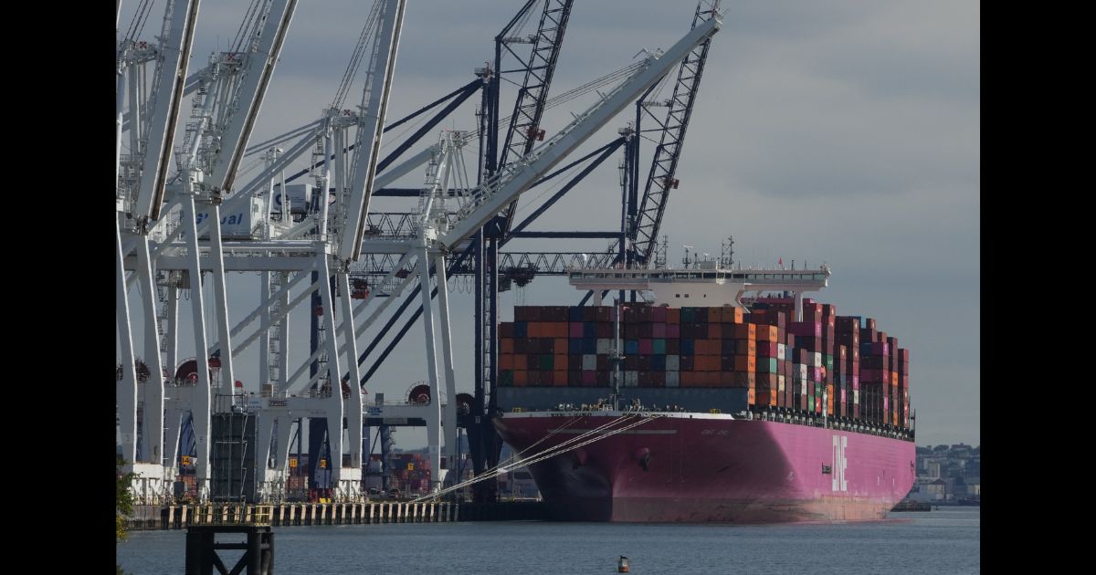 A container ship at a facility in Bayonne as East Coast Ports will shut down due to a dockworker strike in New Jersey on September 30, 2024.