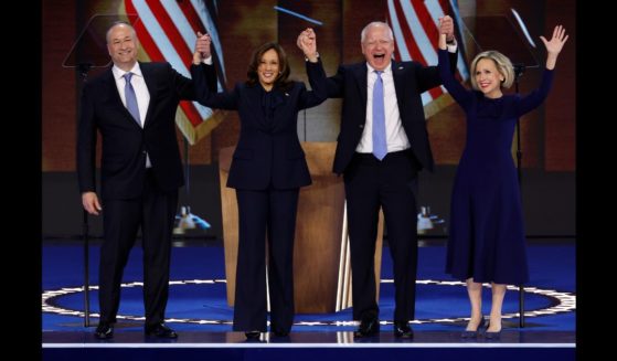 (L-R) Second gentleman Doug Emhoff, Democratic presidential nominee, U.S. Vice President Kamala Harris, Democratic vice presidential nominee Minnesota Gov. Tim Walz and Minnesota first lady Gwen Walz celebrate after Harris accepted the Democratic presidential nomination during the final day of the Democratic National Convention at the United Center on August 22, 2024 in Chicago, Illinois.