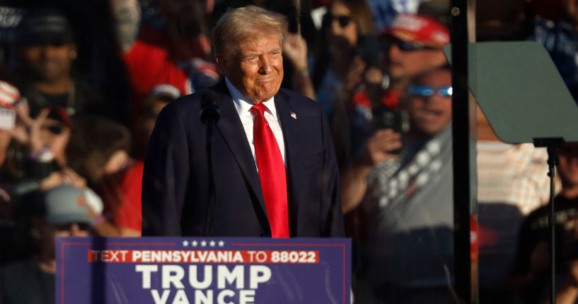 Republican presidential nominee, former President Donald Trump takes the stage during a campaign rally at the Butler Farm Show grounds on October 5, 2024 in Butler, Pennsylvania.