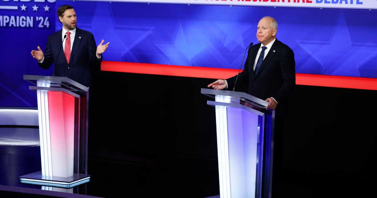 Republican vice presidential candidate, Sen. JD Vance (R-OH), and Democratic vice presidential candidate, Minnesota Gov. Tim Walz, participate in a debate at the CBS Broadcast Center on October 1, 2024 in New York City.