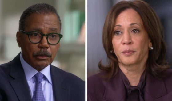 These X screen shots show (L) CBS News interviewer Bill Whitaker and (R) Vice President Kamala Harris.