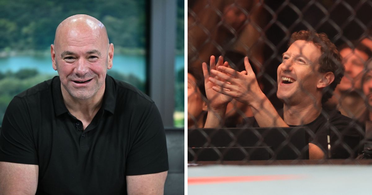 (L) Dana White during a segment on "Good Day New York" on September 9, 2024 in New York City. (R) Mark Zuckerberg is seen at UFC 298 at Honda Center on February 17, 2024 in Anaheim, California.