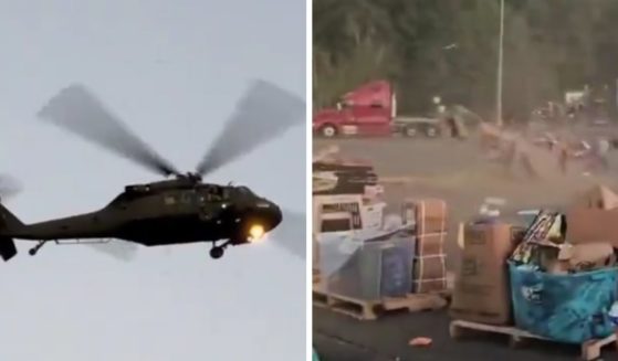 These X screen shots show a North Carolina National Guard Black Hawk (L) and the damage it caused by rotor washing (R).