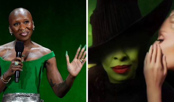 (L) British actress Cynthia Erivo speaks about the movie "Wicked" during the Universal Pictures and Focus Features presentation at The Colosseum at Caesars Palace at CinemaCon 2024 in Las Vegas, Nevada, on April 10, 2024. (R) This X screen shot shows a fan-edited poster for the "Wicked" movie.