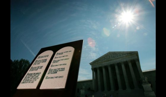 A copy of the Ten Commandments is displayed outside the U.S. Supreme Court June 23, 2005 in Washington, DC.